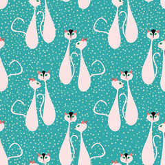 1950s style cats seamless pattern for textiles, paper and kids fashion or decor. Male and female cat couple with elongated bodies and expressive tails. Pink and black, on a textured turquoise ground.