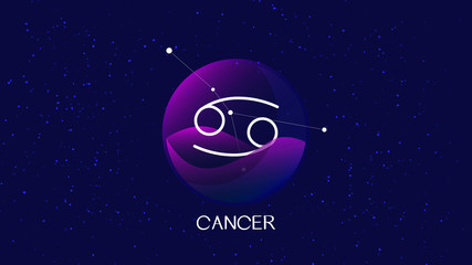 Cancer sign, zodiac background. Beautiful and simple illustration of night, starry sky with cancer zodiac constellation behind glass sphere with encapsulated cancer sign and constellation name. 