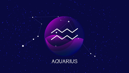 Aquarius sign, zodiac background. Beautiful and simple illustration of night, starry sky with aquarius zodiac constellation behind glass sphere with encapsulated aquarius sign and constellation name. 