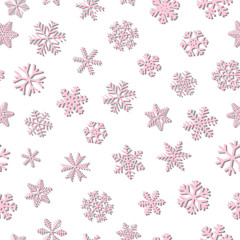 Christmas seamless pattern of snowflakes, pink on white background
