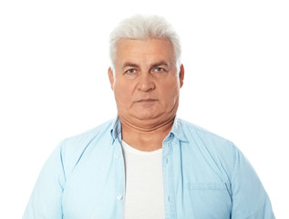 Mature man with double chin on white background