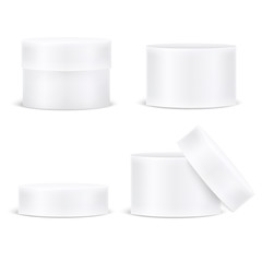 Round white box vector template isolated on white background. Closed and Open gift box. 3d vector illustration set