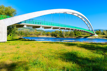 Suspension bridge for cyclists over Dunajec river near Nowy Sacz, Poland