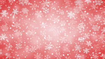Christmas background of snowflakes of different shapes, sizes and transparency in red colors