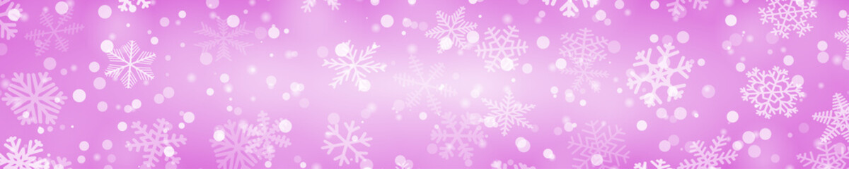 Christmas horizontal banner of snowflakes of different shapes, sizes and transparency in purple colors
