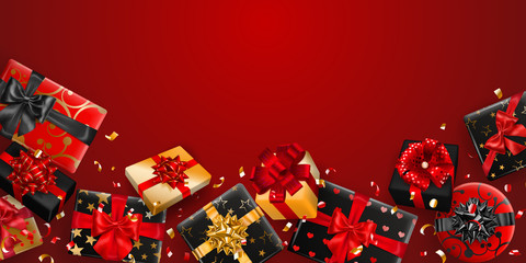 Vector illustration of black and golden gift boxes with ribbons, bows and shadows, and small shiny pieces of serpentine on red background