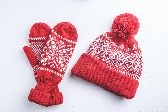 Winter Hat And Mittens Knitted With Jackard