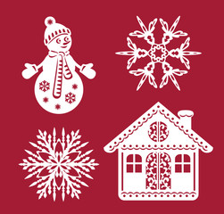 Christmas hut, snowman and snowflakes. Template for laser cutting, plotter cutting, wood carving or printing. Vector festive illustration.