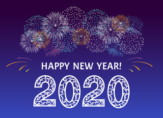 Festive fireworks. Happy New Year 2020. Numbers decorated with lace ornaments and colorful bright firecracker. Greeting card, banner. Vector cartoon flat illustration of  celebration background.