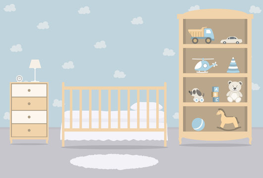Kid's room for a newborn baby. Interior bedroom for a baby boy. There is a cot, a wardrobe with toys and other things in the picture. Vector illustration