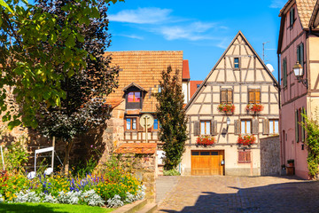 Old colorful houses in Kientzheim village on Alsatian Wine Route, France