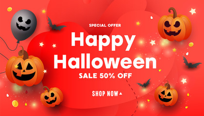 Halloween template set of banners with pumpkins, bats and glitter stars on red background. Red liquid shape frame.