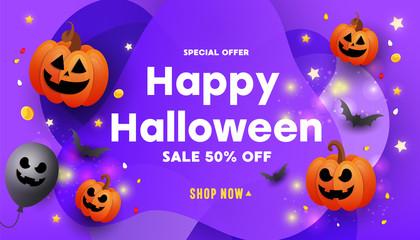 Creative happy halloween sale promotion banner with scary faces pumpkins, bats on on purple background. Halloween website sale banner, poster or card template.