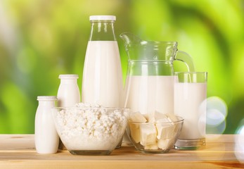 Glass of milk  and Dairy products on  background