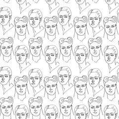 Modern seamless pattern with linear abstract woman face. Continuous line art. One line drawing. Minimalist graphic.