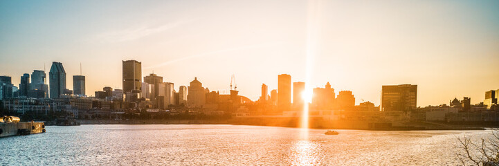 Montreal city skyline at sunset banner background view of downtown from old port, harbourfront...