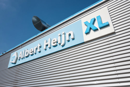 EDE, NETHERLANDS - September 24, 2017: Albert Heijn XL sign at branch. Albert Heijn is the largest Dutch supermarket chain, founded in 1887 and a key brand of Ahold Delhaize.