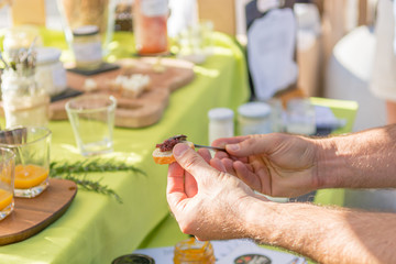 Various marmelades and spreads prepared for outdoor breakfast.