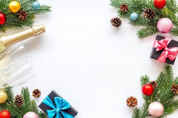 New Year frame with champagne and wineglasses on white background top view space for text