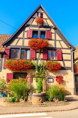 Fototapeta na wymiar Old typical French house in Beblenheim village on Alsatian Wine Route, France