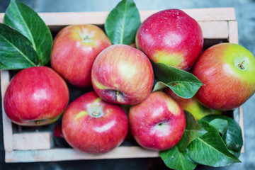 Seven red apple with leaves in wooden box closeup
