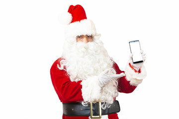 Santa Claus holding using mobile smartphone  on white background