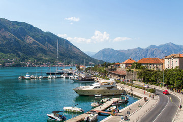 Scenic view of the Boka Kotor bay and fortress walls of Kotor, Montenegro