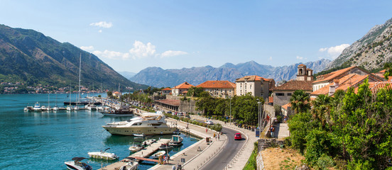 Panoramic view of the Boka Kotor bay and fortress walls of Kotor, Montenegro