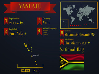 Vanuatu statistic data visualization, travel, tourism destination infographic, information. Graphic vector illustration. National flag, europe country silhouette, world map icon business element