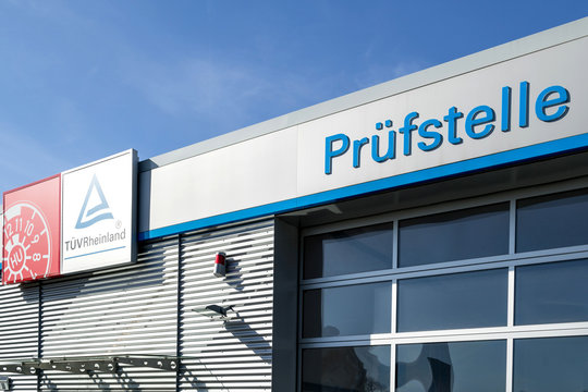 COLOGNE, GERMANY - April 6, 2018: Vehicle inspection point of T&Uuml;V Rheinland. Founded in 1872, T&Uuml;V Rheinland is one of the world&rsquo;s leading testing service providers.