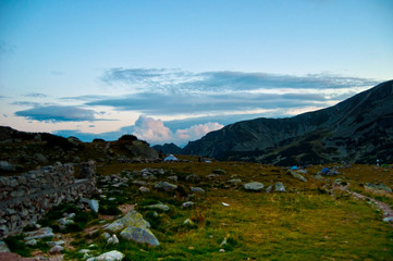 Fototapeta premium High-altitude landscape with glacier lakes from the Retezat Peak of the Carpathian Mountains 