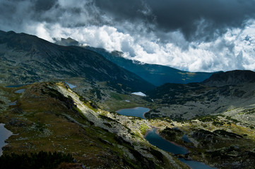 High-altitude landscape with glacier lakes from the Retezat Peak of the Carpathian Mountains  