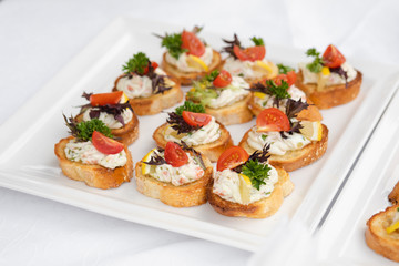 Close-up of wedding reception with tasty sandwiches and canapes made of sausage, parsley and tomatoes with cream cheese. Canapes on white ceramic plates at wedding reception.