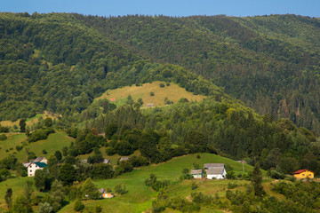Fototapeta na wymiar Panoramic view of Carpathian mountains. Houses in mountains surrounded by trees. Green tourism.