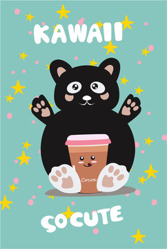 Bear cartoon vector with cocoa and text. Pastel color illustrator : Series fairy tales card and Print for t-shirt