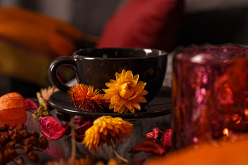 Beautiful vintage decorative composition with a tea cup, surrounded by dried flowers. Cozy home concept.