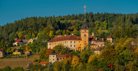 Naklejka premium Vimperk town with castle and railway near buildings in autumn sunny morning