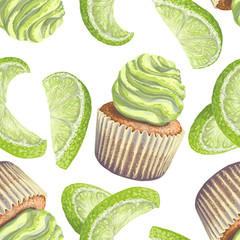 Vector of seamless pattern scattered limes, crumbly gentle wet biscuit cupcakes, stunning cream soft air cheese cream, green color, taste lime. Light paper cake mold got wet from the cake juiciness
