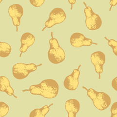 Vector set of seamless patterns with wonderful colorful tasty nice pears, hand-drawn in graphic, real-style at the same time. Seasonal color green. Green leaf. The scattered, juicy whole fresh pears