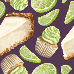 Vector of seamless pattern cheesecake, scattered limes pieces, crumbly gentle wet biscuit cupcakes, stunning cream soft air cheese cream, beige color, taste lime. Light paper cake wet from the cakes