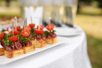 View over wedding reception or banquet with tasty vegetables and sausage canapes or toasts with tomatoes and greenery on white table with napkins.