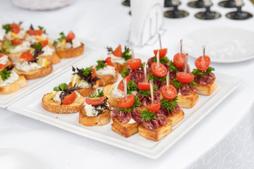Close-up of wedding reception with tasty sandwiches and canapes made of sausage, parsley and tomatoes with cream cheese. Canapes on white ceramic plates at wedding reception.