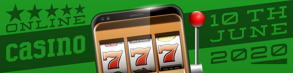 Illustration banner of mobile online casino application with 777 big win slot machine. Realistic advertising poster with online mobile app casino and Jackpot 777. Play now in One Armed Bandit banner