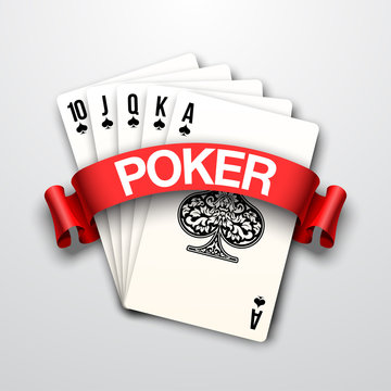 illustration Online casino banner with poker hands Isolated on white background surface table. Marketing Luxury Banner Jackpot Online Casino with poker hand Advertising poster with red ribbon for text