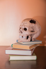 ceramic hole human skull on a stack of old books, brown wooden table, orange background