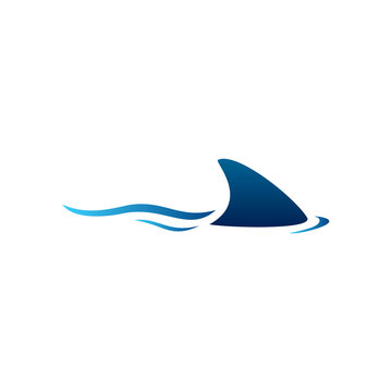 Swimming Hunting Shark with Blue Fin and ripple ocean sea wave illustration logo