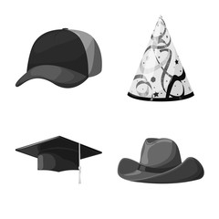 Vector illustration of hat and helmet symbol. Set of hat and profession stock vector illustration.