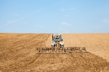 Harrowing the soil with tine harrows