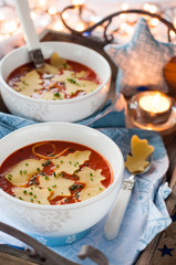 Hearty Tomato Pasta Soup. Winter Decoration.