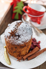 Fototapeta na wymiar Traditional Christmas Fruit Cake Decorated with Powdered Sugar